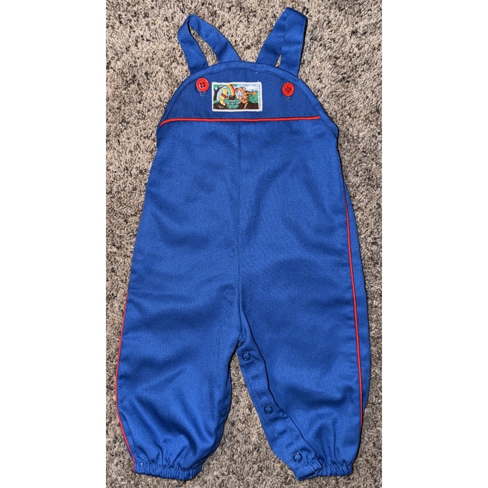 VTG Disney Winnie The Pooh Small 14-19 Pounds Blue Overalls Romper Button Straps